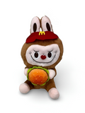 Labubu-Style Monster Plush Toy in Brown Bear Suit with Red Fast Food Cap Holding a Cheeseb ST15969