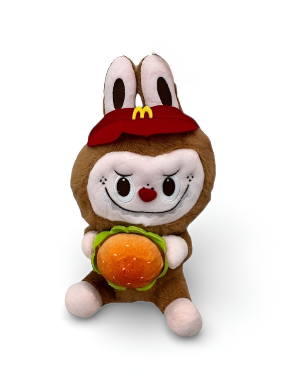 Labubu-Style Monster Plush Toy in Brown Bear Suit with Red Fast Food Cap Holding a Cheeseb ST15969