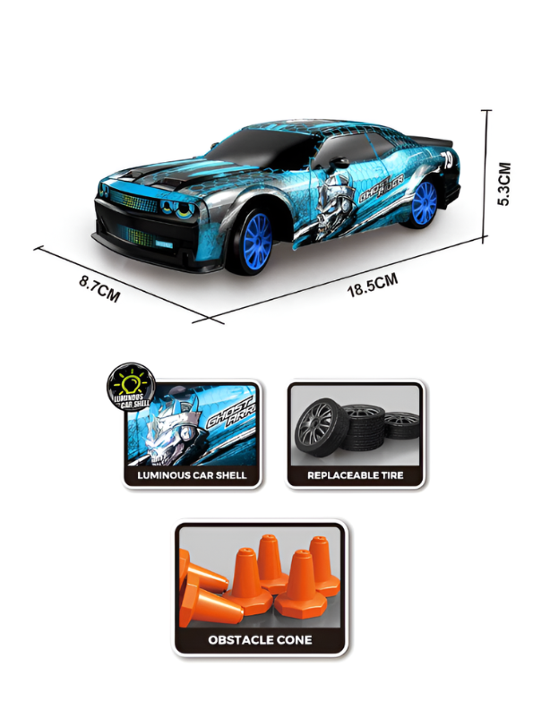 Laser Rush 1:24 Scale RC Drift Racing Car – Luminous Glow Shell, 2.4GHz Controller & Obstacle Set LMI16857