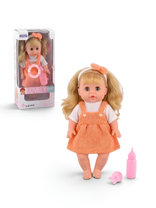 LOVELY Interactive Baby Doll Set – Blonde Doll with Overall Dress, Hair Bow, Toy Feeding Bottle & Pacifier TV3646