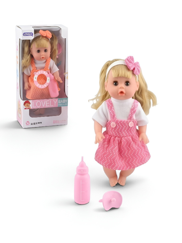 LOVELY Interactive Baby Doll Set – Blonde Doll with Pink Overall Dress, Hair Bow, Toy Feeding Bottle & Pacifier TV3646