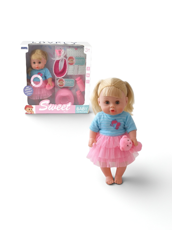 Lovely Pretend Play Baby Doll Set – Blonde Doll in Pink  Bottle, and Pacifier TV3648