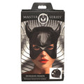 Packaging of a black bondage hood with horns from Master Series on a white background.