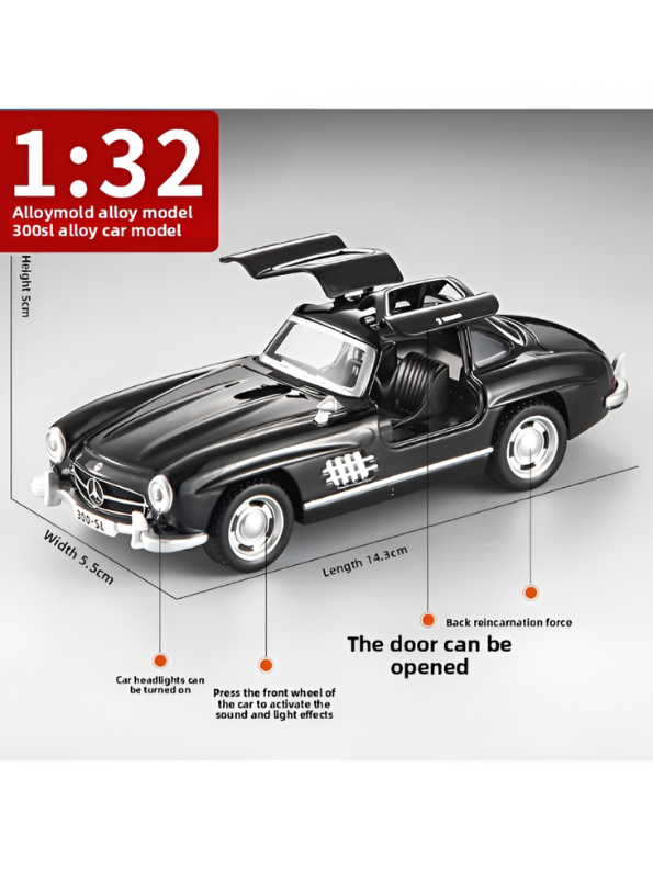 Mercedes-Benz 300SL Black Diecast Alloy Model Car 1:32 Scale with Acrylic Display Box MD26