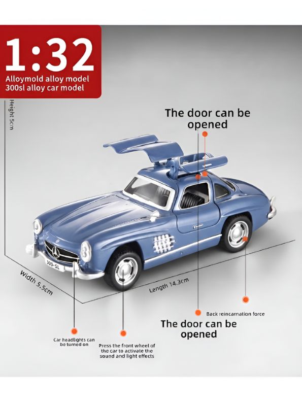 Mercedes-Benz 300SL Blue Diecast Alloy Model Car 1:32 Scale with Acrylic Display Box MD26