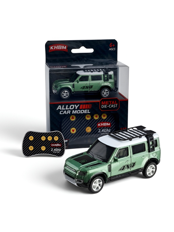Mini 1:64 Land Rover Defender RC SUV – Metal Die-Cast 4x4 Off-Road Car with 2.4GHz Remote Control, Metallic Green MD569