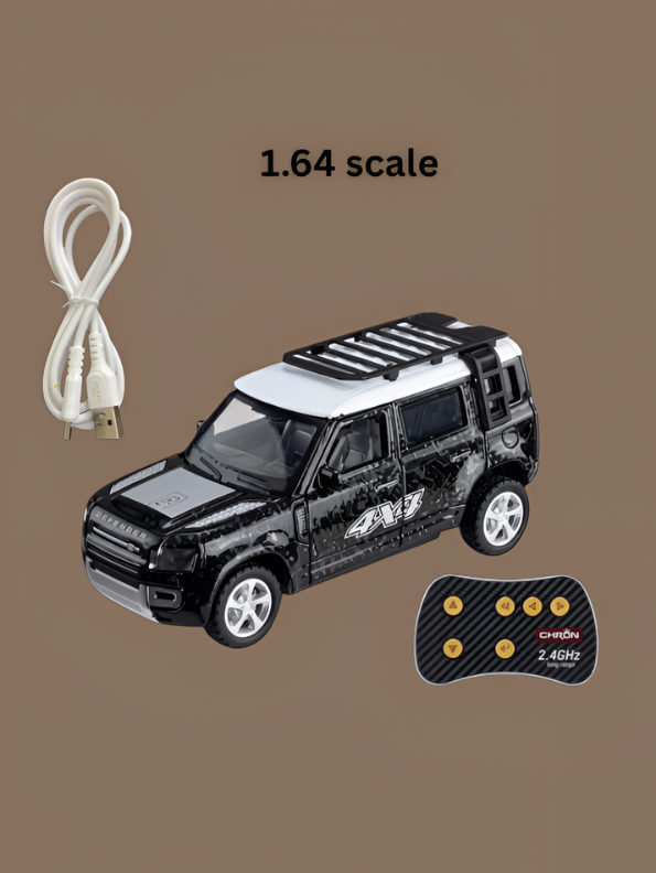 Mini 1:64 Land Rover Defender RC SUV – Metal Die-Cast 4x4 Off-Road Car with 2.4GHz Remote Control, Metallic Black MD569