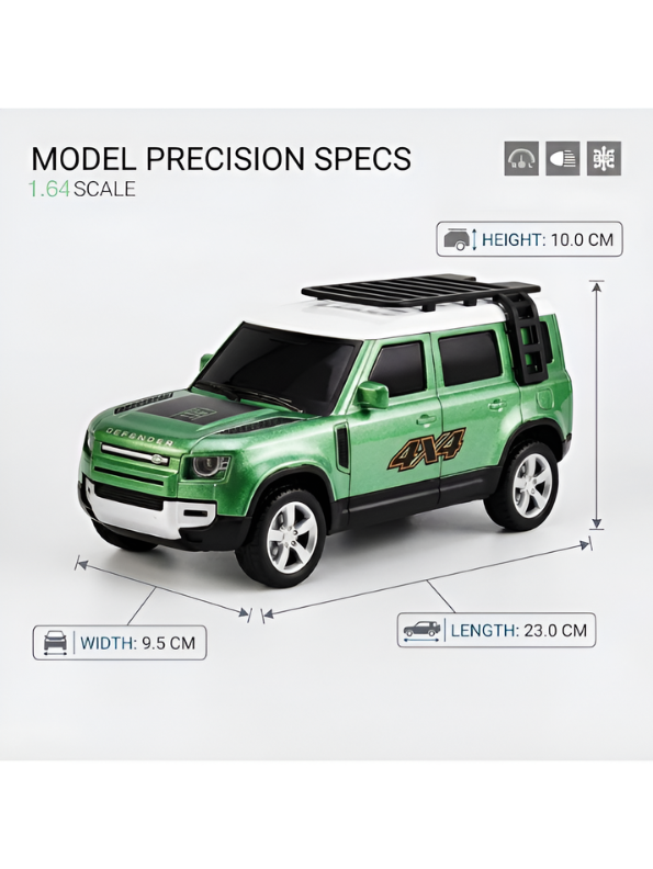 Mini 1:64 Land Rover Defender RC SUV – Metal Die-Cast 4x4 Off-Road Car with 2.4GHz Remote Control, Metallic Green MD569