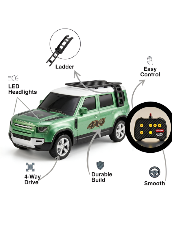 Mini 1:64 Land Rover Defender RC SUV – Metal Die-Cast 4x4 Off-Road Car with 2.4GHz Remote Control, Metallic Green MD569