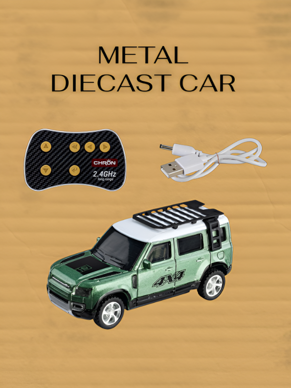 Mini 1:64 Land Rover Defender RC SUV – Metal Die-Cast 4x4 Off-Road Car with 2.4GHz Remote Control, Metallic Green MD569