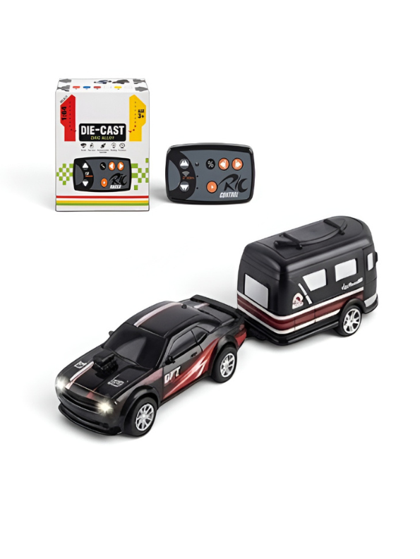 Mini Dodge Challenger RC Car with Caravan Trailer Scale 1:64 Black MD594.