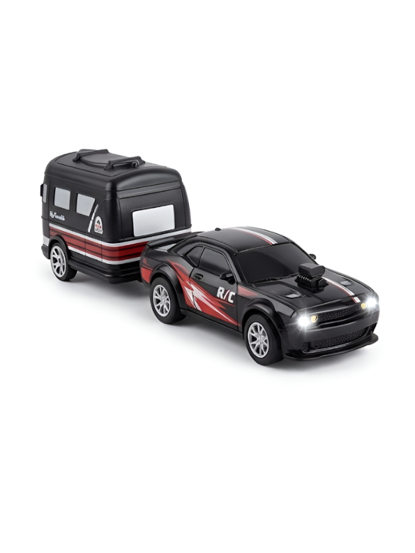 Mini Dodge Challenger RC Car with Caravan Trailer Scale 1:64 Black MD594.