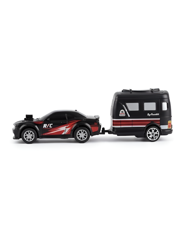 Mini Dodge Challenger RC Car with Caravan Trailer Scale 1:64 Black MD594.