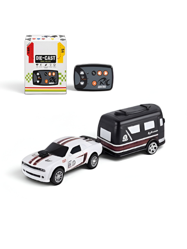Mini Dodge Challenger RC Car with Caravan Trailer Scale 1:64 White MD594.