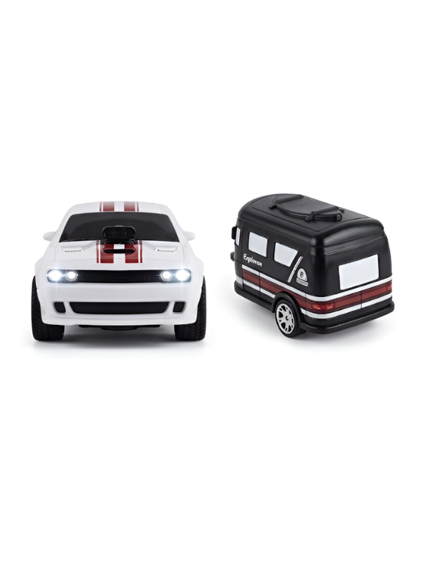 Mini Dodge Challenger RC Car with Caravan Trailer Scale 1:64 White MD594.