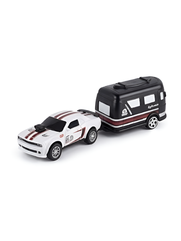 Mini Dodge Challenger RC Car with Caravan Trailer Scale 1:64 White MD594.