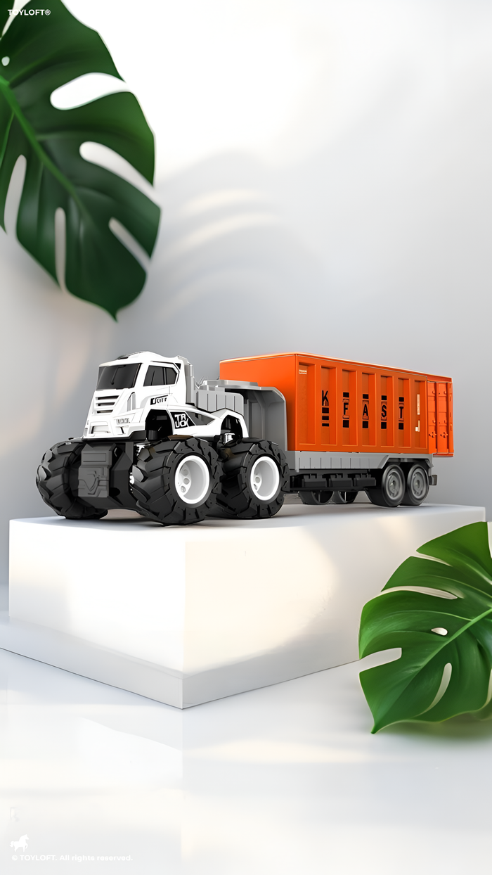 Monster Truck Toy with Container Trailer – 4WD Inertia Power, Die-Cast Metal Truck.