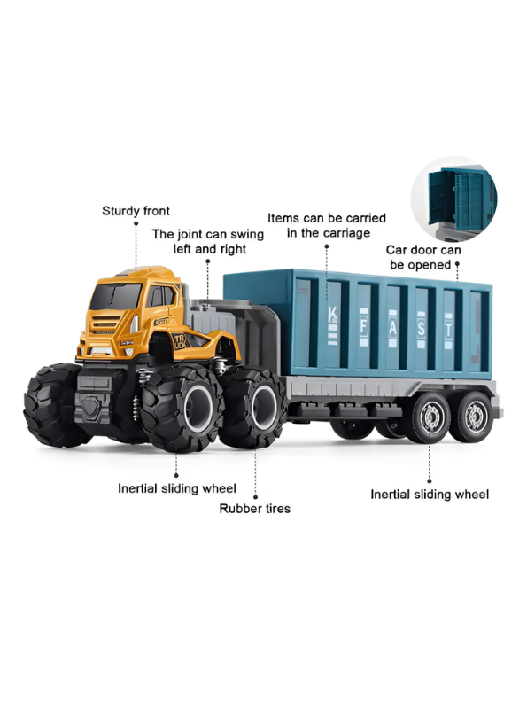 Monster Truck Toy with Container Trailer – 4WD Inertia Power, Die-Cast Metal Truck.