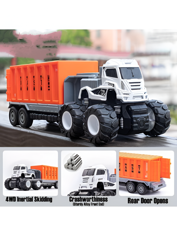 Monster Truck Toy with Container Trailer – 4WD Inertia Power, Die-Cast Metal Truck.