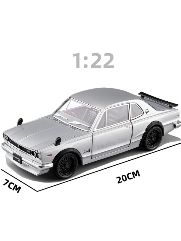 Nissan Skyline GT-R 2000 Hakosuka Diecast Model Car 1:22 Scale – Matte Silver Alloy Vintage Classic Muscle Car MD601