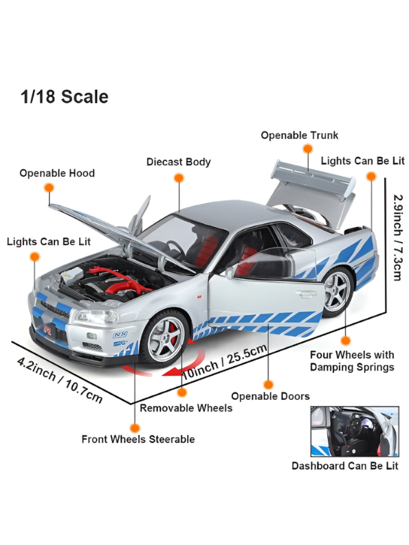 Nissan Skyline GT-R R34 1:18 Diecast Collectible Car Model – Realistic Metal Replica TV5938