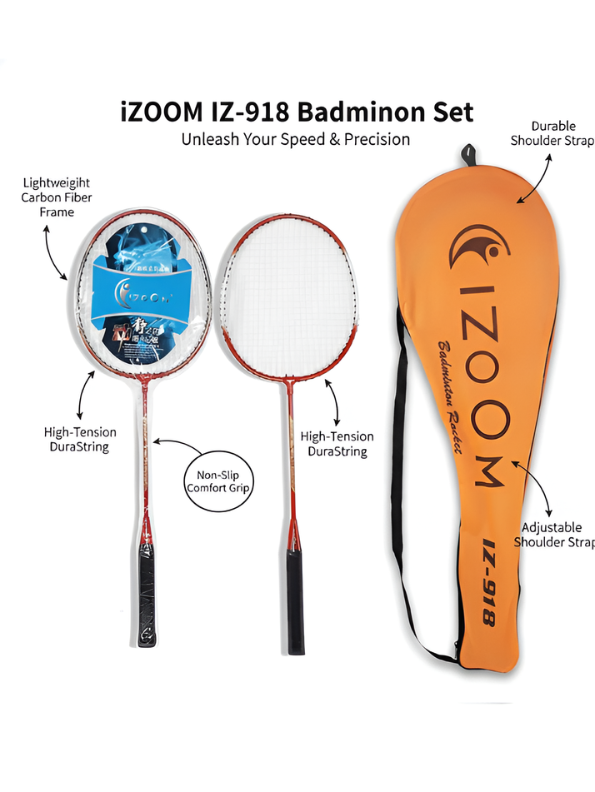 Orange 2-Piece Badminton Racket Set, High-Performance T-Joint Frame, Shock-Absorbing Comfort Handle, Includes Durable Racket Bag LMI1322
