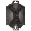 Black rope tied in a knot with packaging displaying brand logo on a white background