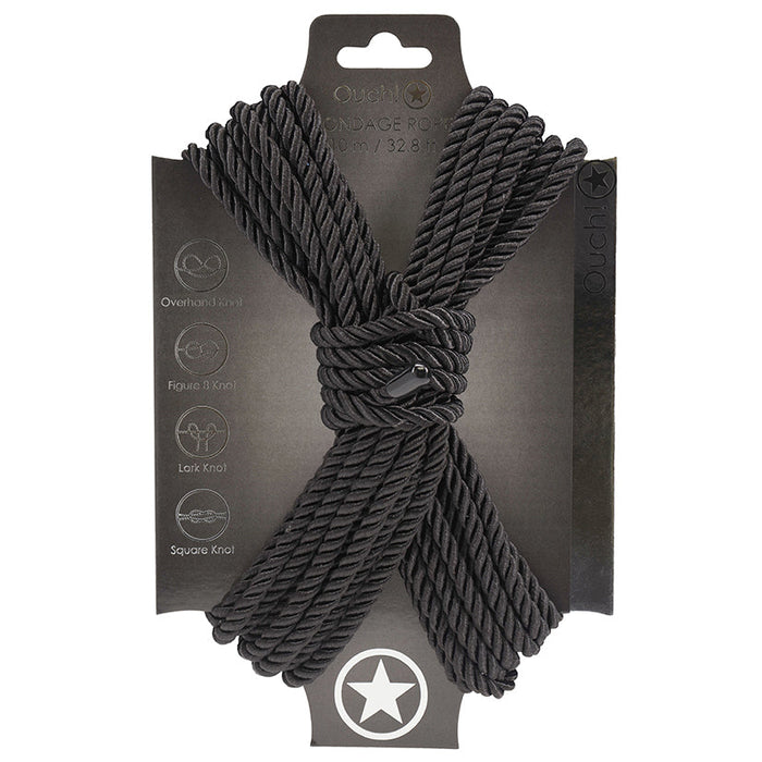 Black rope tied in a knot with packaging displaying brand logo on a white background