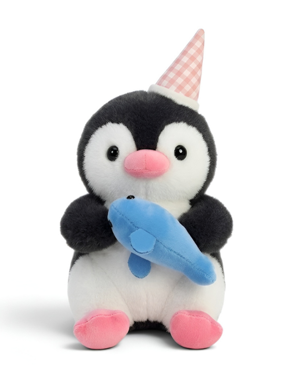 Penguin 8-Inch Cute Plush Toy with Party Hat and Blue Fish | Black Soft Stuffed Animal for Kids and Toddlers ST16026