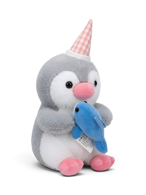Penguin 8-Inch Cute Plush Toy with Party Hat and Blue Fish | Soft Stuffed Animal for Kids and Toddlers ST16026