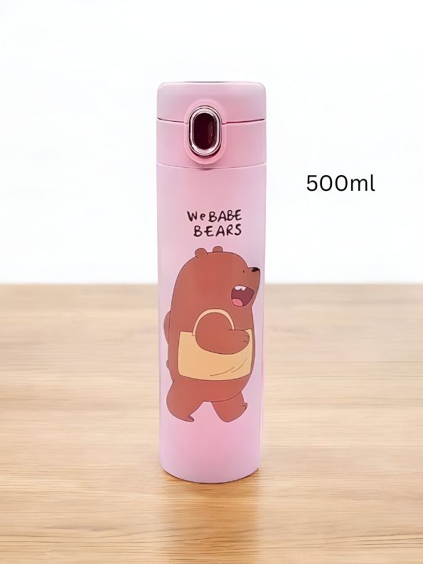 Pink - Zoopy - Cute Print Kids Water Bottle 500ml Stainless Steel with Push Button Lid | Leak-Proof & BPA-Free NOV7104.