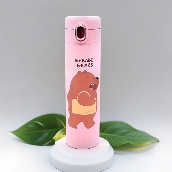 Pink - Zoopy - Cute Print Kids Water Bottle 500ml Stainless Steel with Push Button Lid | Leak-Proof & BPA-Free NOV7104.