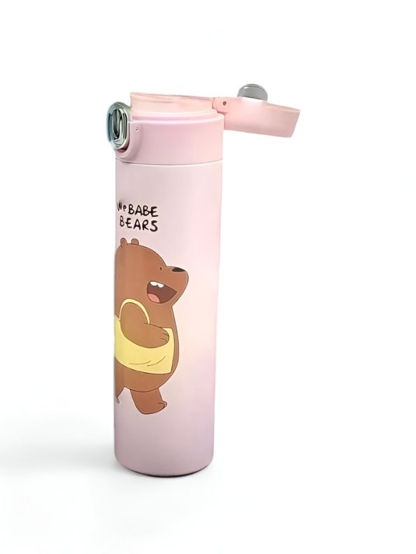 Pink - Zoopy - Cute Print Kids Water Bottle 500ml Stainless Steel with Push Button Lid | Leak-Proof & BPA-Free NOV7104.
