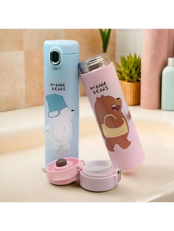 Pink - Zoopy - Cute Print Kids Water Bottle 500ml Stainless Steel with Push Button Lid | Leak-Proof & BPA-Free NOV7104.