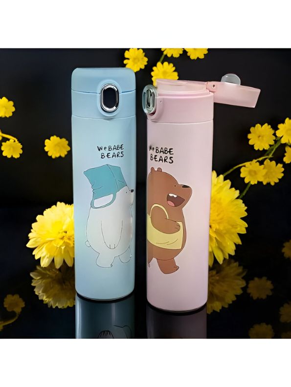 Pink - Zoopy - Cute Print Kids Water Bottle 500ml Stainless Steel with Push Button Lid | Leak-Proof & BPA-Free NOV7104.