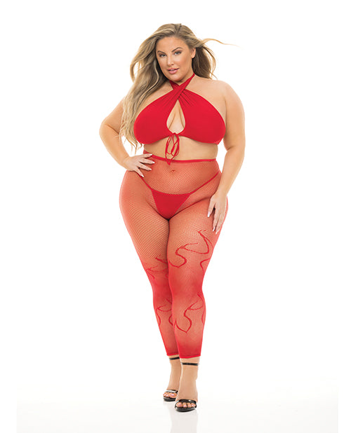 Woman wearing a red bikini and fishnet stockings on a white background