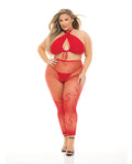 Woman wearing a red bikini and fishnet stockings on a white background