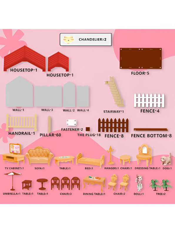 Pretend Play Princess Dollhouse Playset with LED Lights, Stairs, Furniture, Doll & Pet Dog Toy MD743