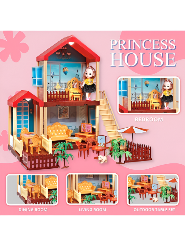 Pretend Play Princess Dollhouse Playset with LED Lights, Stairs, Furniture, Doll & Pet Dog Toy MD743