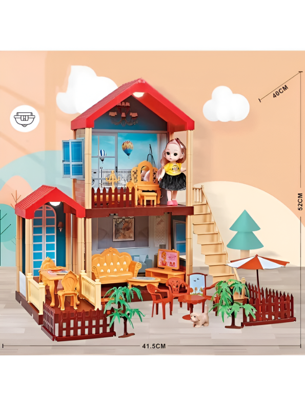 Pretend Play Princess Dollhouse Playset with LED Lights, Stairs, Furniture, Doll & Pet Dog Toy MD743
