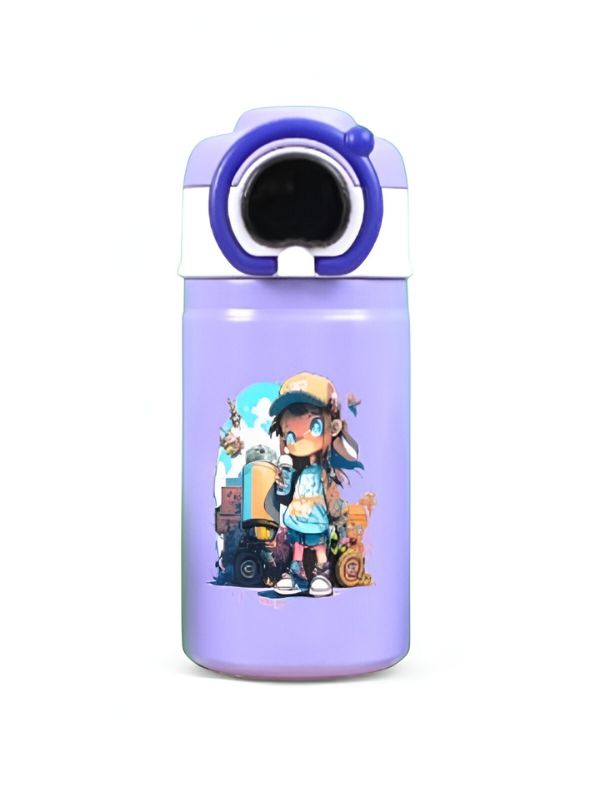 Purple - Temperature Control Stainless Steel Water Bottle - 550ml Cartoon Aesthetic Design with Push Button Sipper NOV8420.