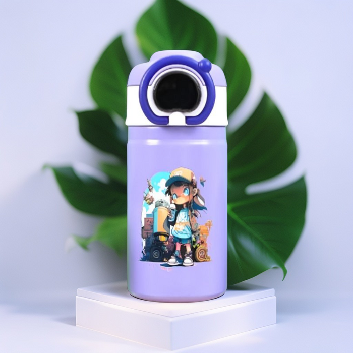 Purple - Temperature Control Stainless Steel Water Bottle - 550ml Cartoon Aesthetic Design with Push Button Sipper NOV8420.