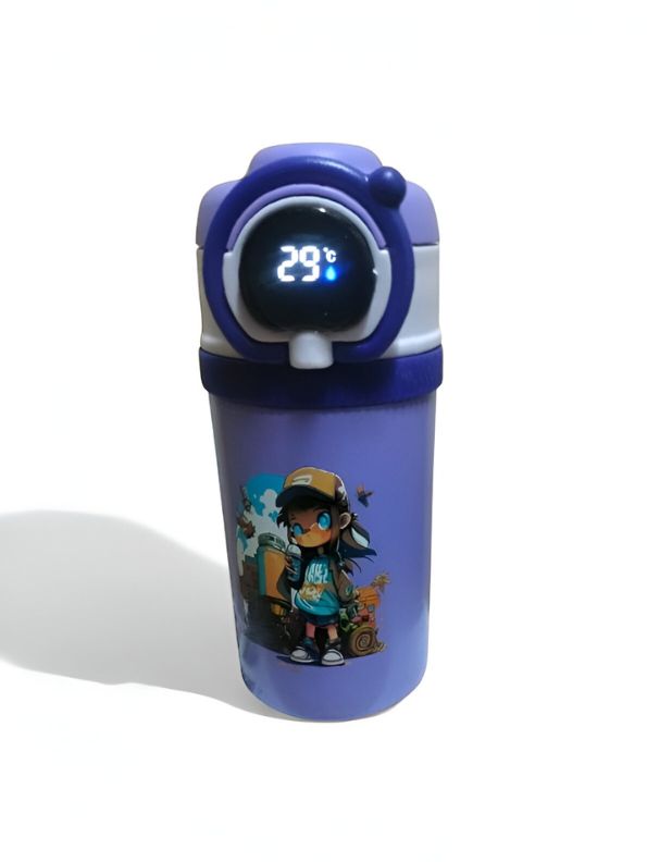 Purple - Temperature Control Stainless Steel Water Bottle - 550ml Cartoon Aesthetic Design with Push Button Sipper NOV8420.