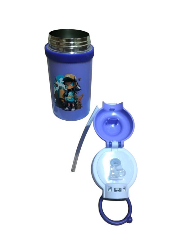 Purple - Temperature Control Stainless Steel Water Bottle - 550ml Cartoon Aesthetic Design with Push Button Sipper NOV8420.