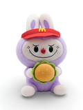 Purple Plush Rabbit Toy with Shark Smile wearing Red Sun Visor and Holding a Cheeseburger ST15969