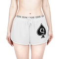 White shorts with a black spade symbol and 'Q' on a white background