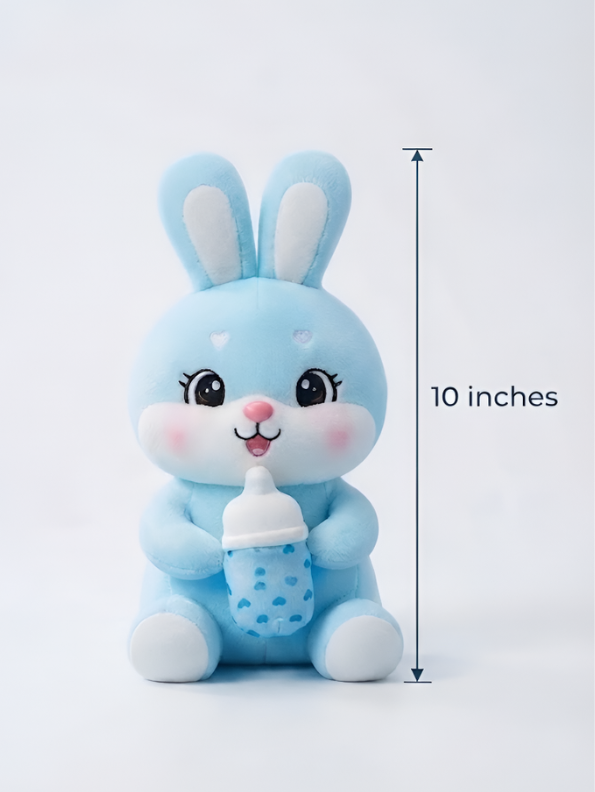 Rabbit Soft Toy with Feeding Bottle – 10-Inch Blue Cute Plush Stuffed Animal for Kids ST12508