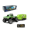 RC Monster Truck with Detachable Camper Caravan Trailer 1:64 Scale Green with Acrylic Display Case MD571.