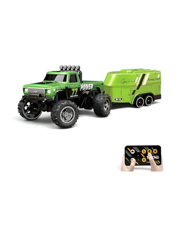 RC Monster Truck with Detachable Camper Caravan Trailer 1:64 Scale Green with Acrylic Display Case MD571.
