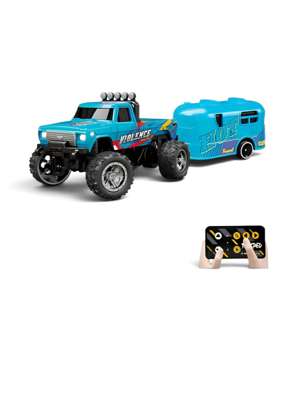 RC Monster Truck with Detachable Camper Caravan Trailer 1:64 Scale Turquoise with Acrylic Display Case MD571.